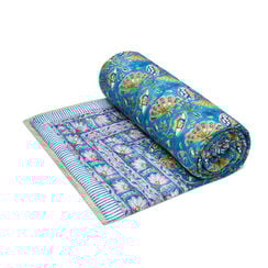 Blue and pink hand-printed cotton quilt