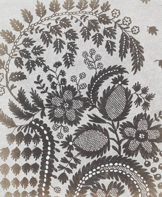 Salted paper print of lace; strong brown colour. Botanical and floral patterns including flowers and plants.