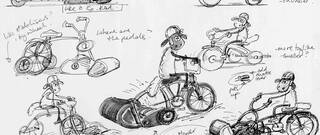 Black line drawings of different versions Shaun the Sheep riding a bike, on white paper background